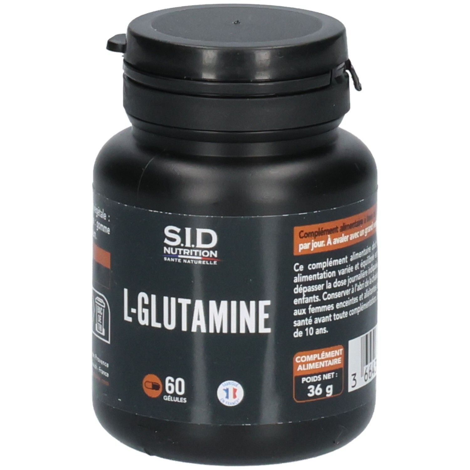 Vorderseite eines L-Glutamin Behälters mit 60 Kapseln und 36g Nettogewicht.