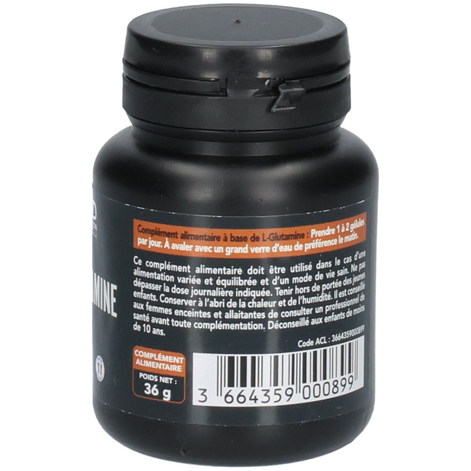 Seitenansicht eines L-Glutamin Behälters mit Barcode und Nettogewicht.