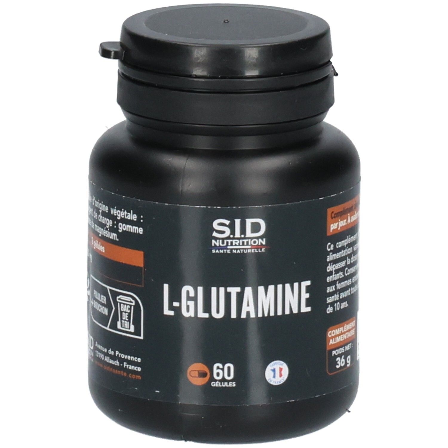 Vorderansicht eines L-Glutamin Behälters mit 60 Kapseln und SID NUTRITION Logo.