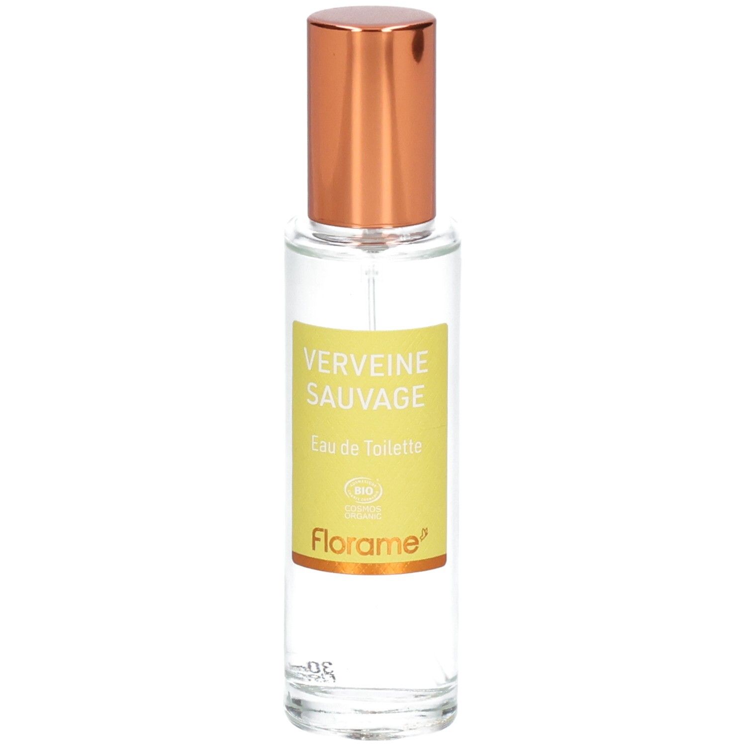 Florame Eau de Toilette Verveine Sauvage in Glasflasche mit kupferfarbenem Zerstäuber.