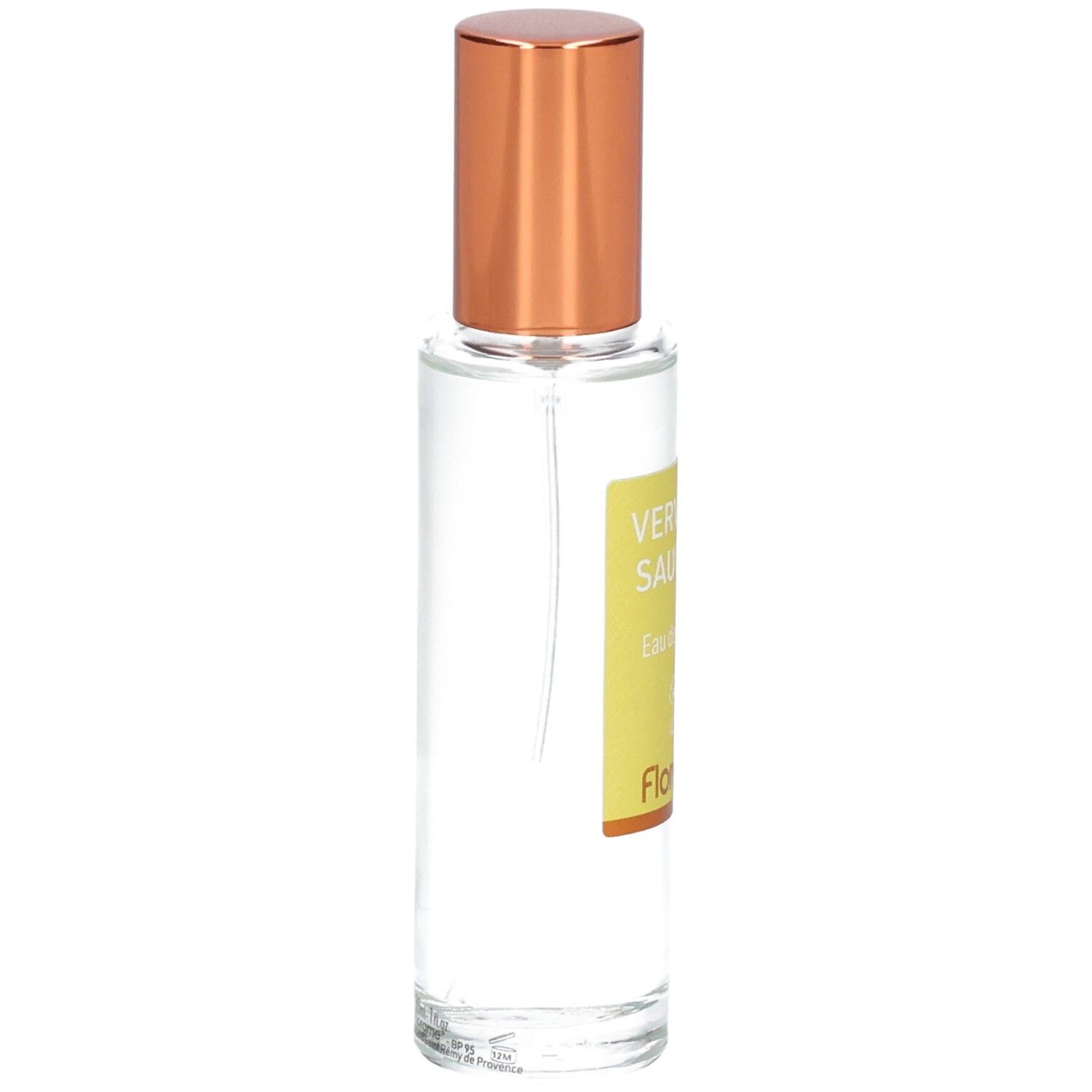 Florame Eau de Toilette Verveine Sauvage, Seitenansicht der Glasflasche mit kupferfarbenem Zerstäuber.