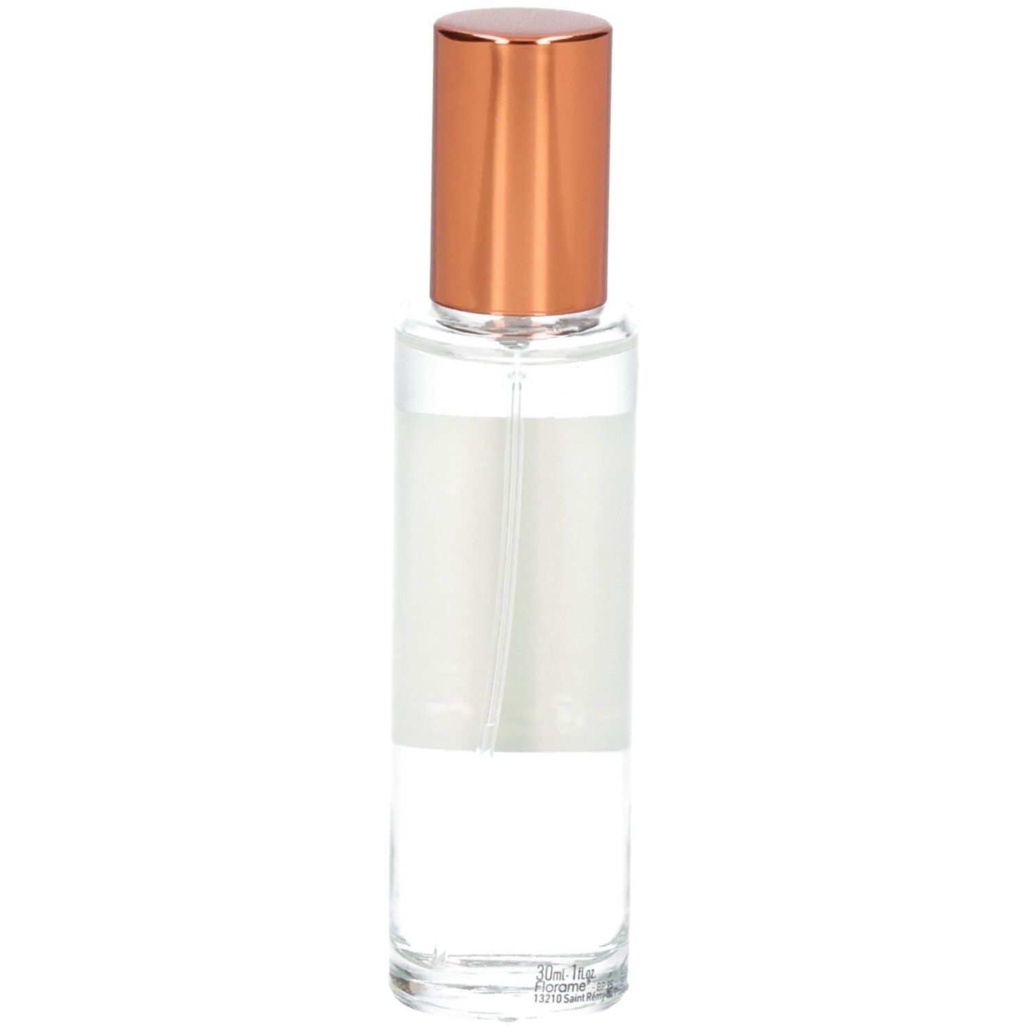 Florame Eau de Toilette Verveine Sauvage, Glasflasche mit kupferfarbenem Zerstäuber, ohne Etikett.