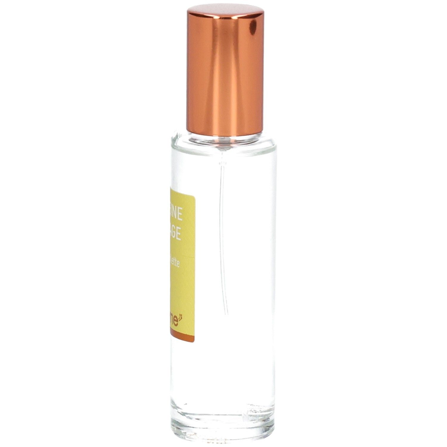 Florame Eau de Toilette Verveine Sauvage, Seitenansicht der Glasflasche mit gelbem Etikett und kupferfarbenem Zerstäuber.