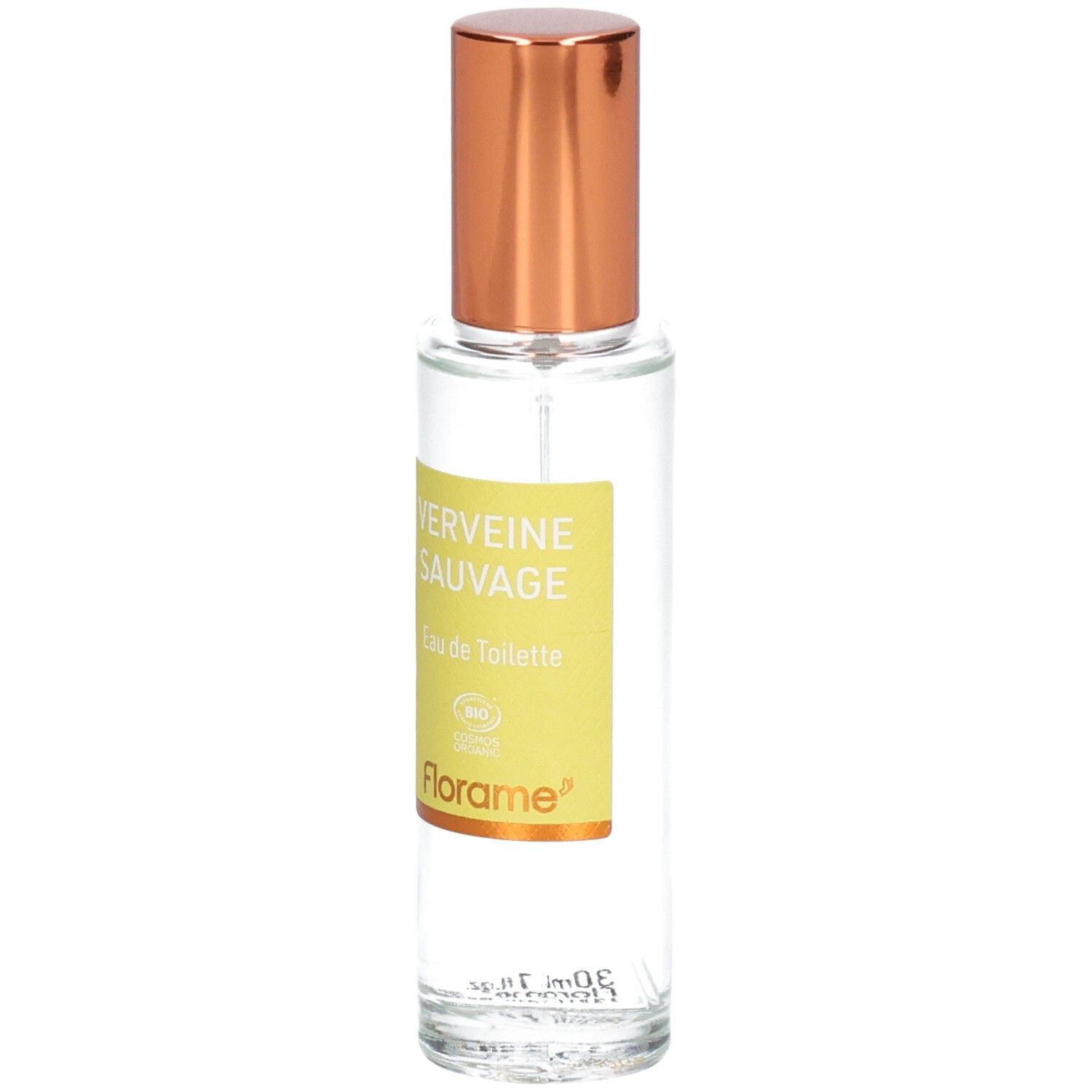 Florame Eau de Toilette Verveine Sauvage, Glasflasche mit gelbem Etikett und kupferfarbenem Zerstäuber.