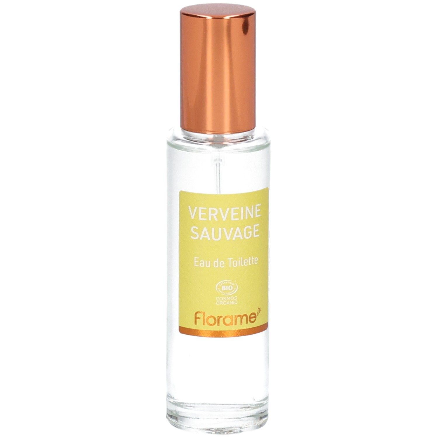 Florame Eau de Toilette Verveine Sauvage, Glasflasche mit gelbem Etikett, kupferfarbenem Zerstäuber und BIO-Siegel.