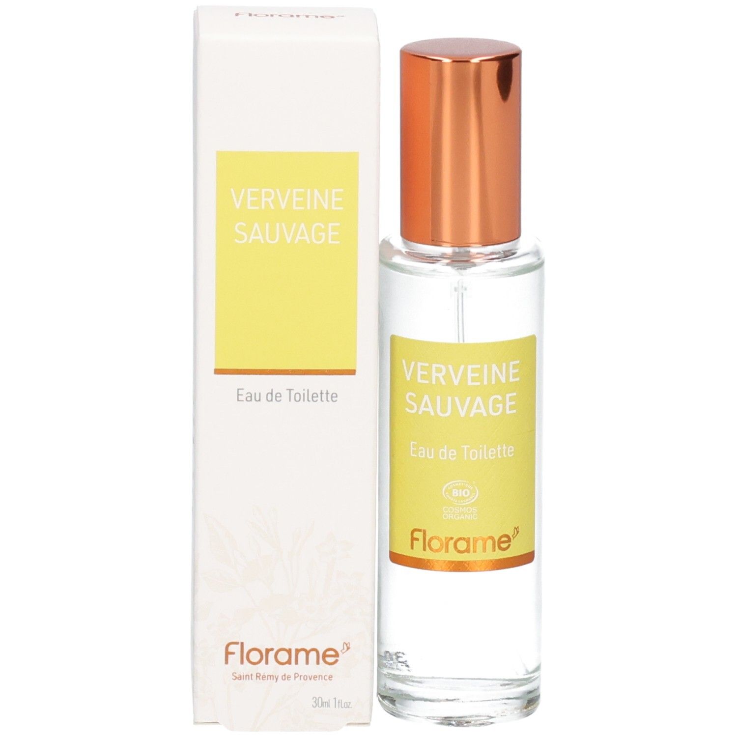Florame Eau de Toilette Verveine Sauvage, Glasflasche mit gelbem Etikett und kupferfarbenem Zerstäuber.