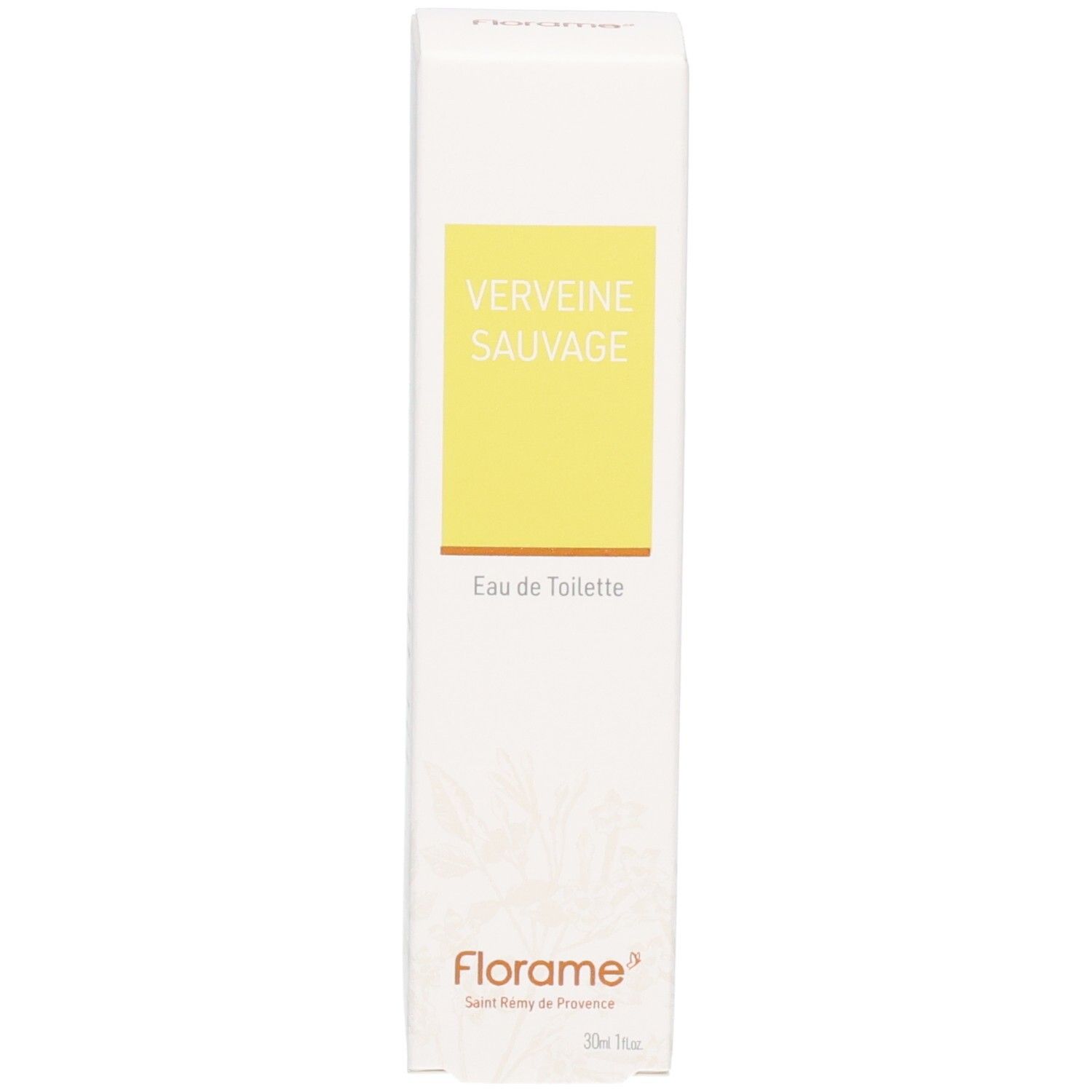Florame Eau de Toilette Verveine Sauvage mit Umverpackung. Glasflasche mit kupferfarbenem Zerstäuber.