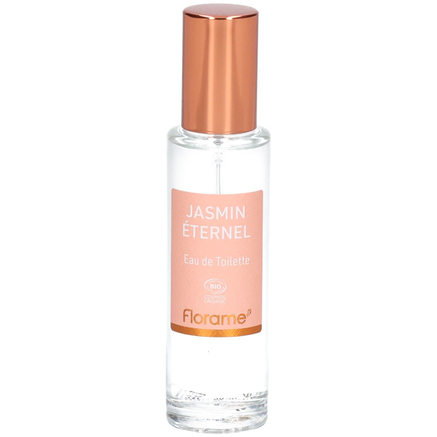 Florame Jasmin Éternel Eau de Toilette in Glasflasche mit roséfarbenem Zerstäuberaufsatz.