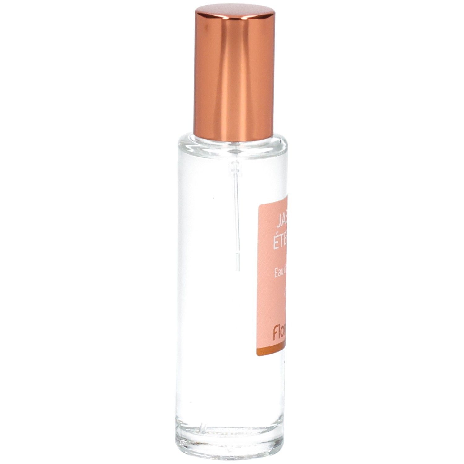 Florame Jasmin Éternel Eau de Toilette, Seitenansicht der Glasflasche mit roséfarbenem Zerstäuberaufsatz.