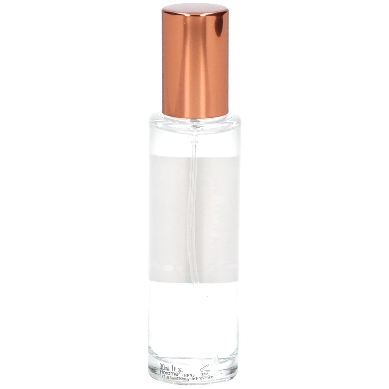 Florame Jasmin Éternel Eau de Toilette, Glasflasche mit roséfarbenem Zerstäuberaufsatz, Rückseite.