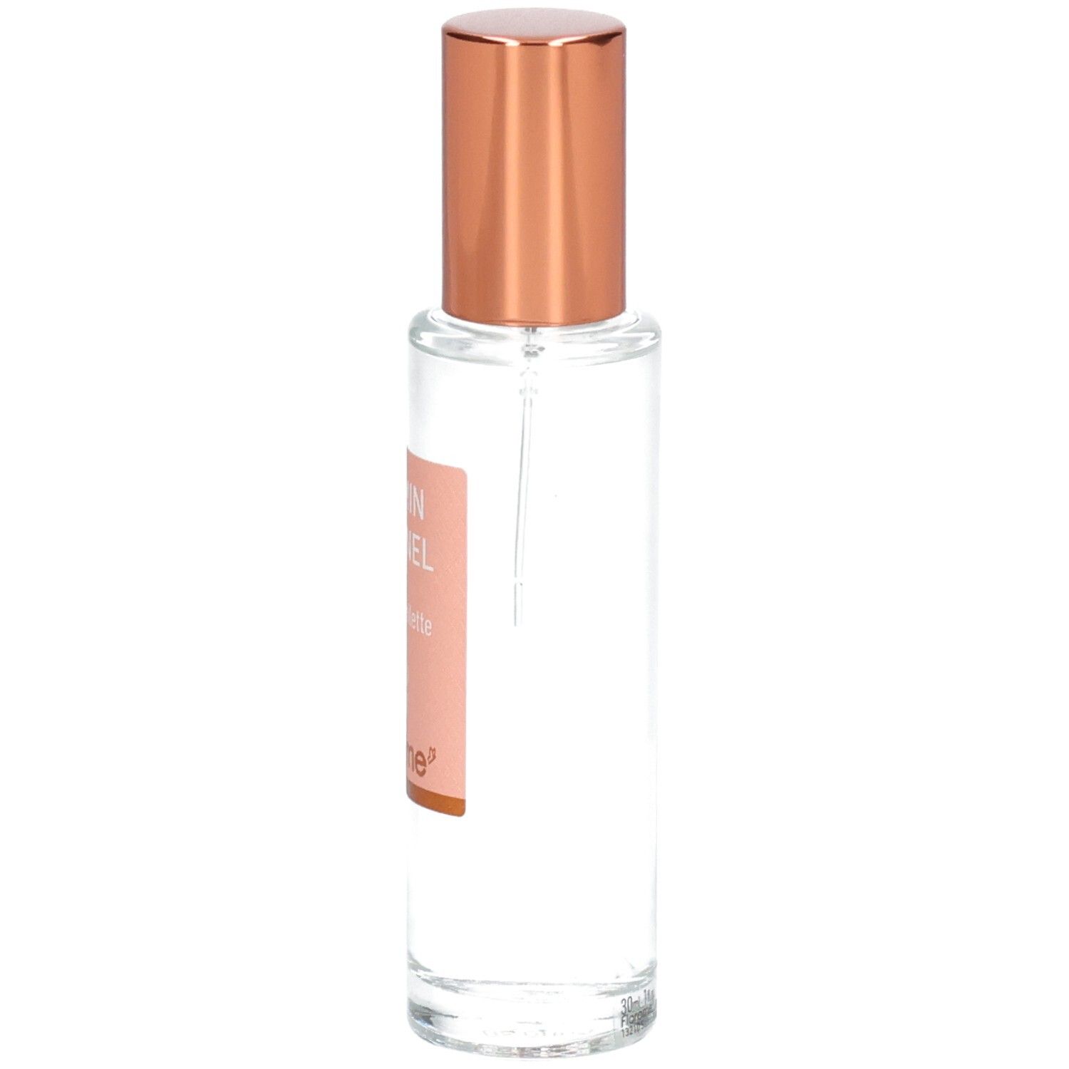 Florame Jasmin Éternel Eau de Toilette, Seitenansicht der Glasflasche mit roséfarbenem Zerstäuberaufsatz.