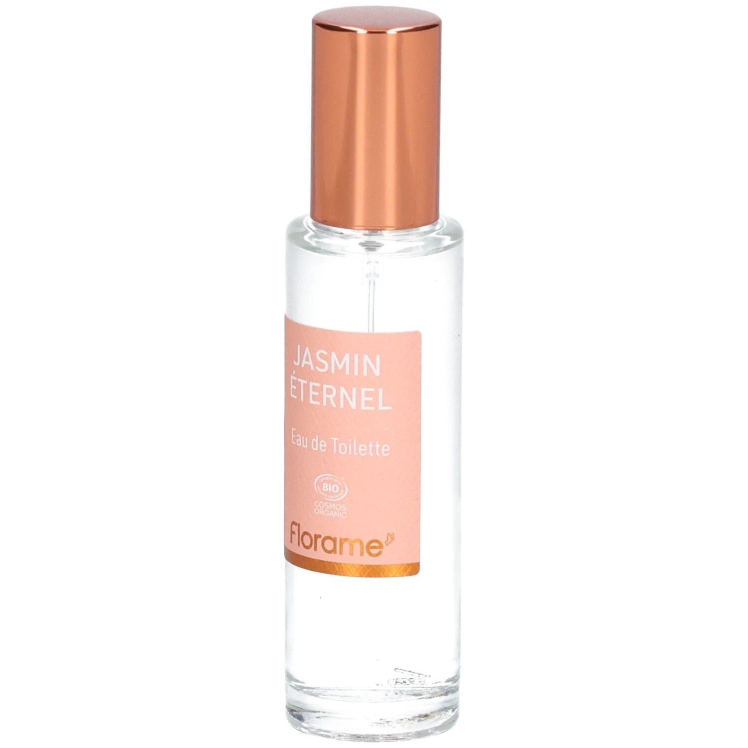 Florame Jasmin Éternel Eau de Toilette in Glasflasche mit roséfarbenem Zerstäuberaufsatz.