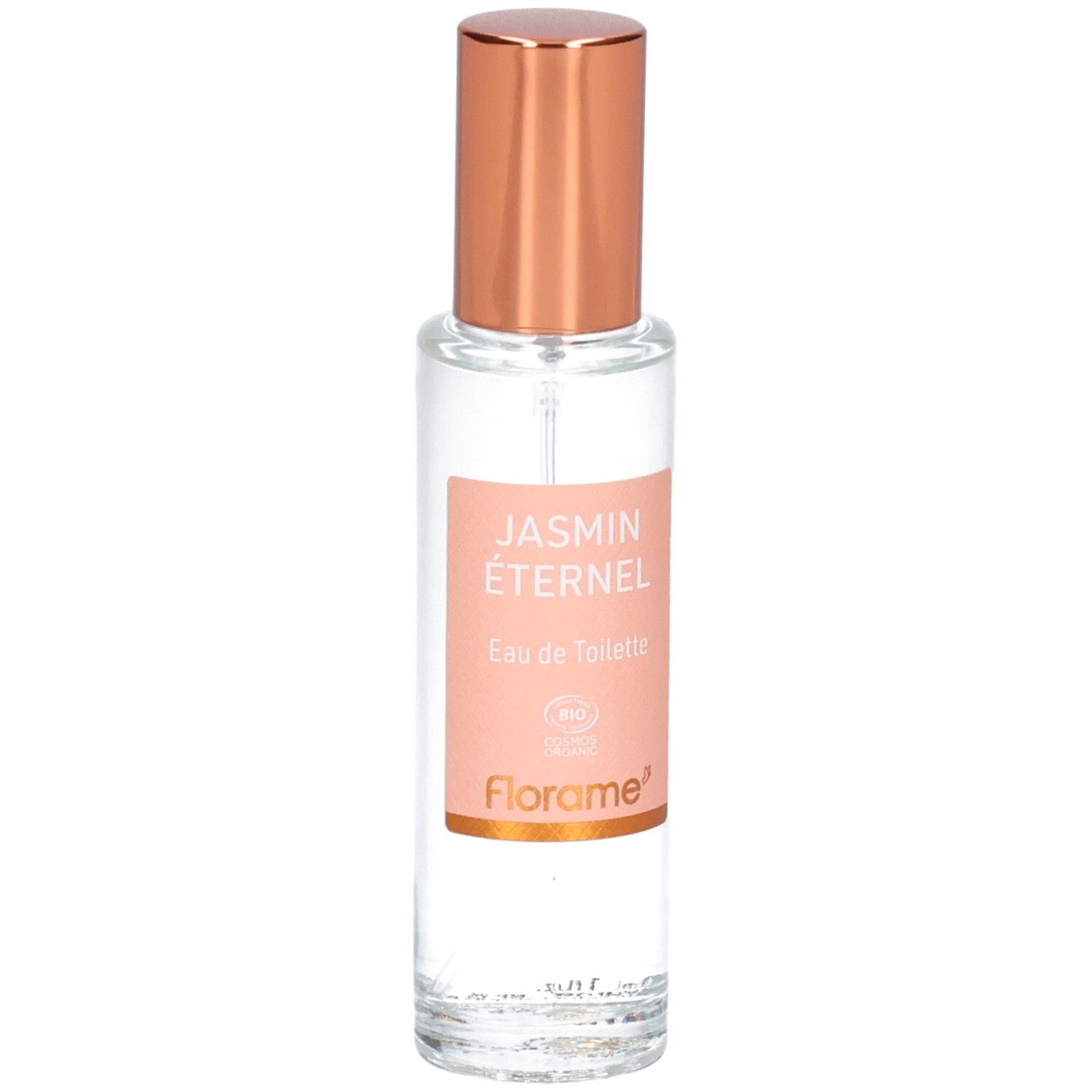 Florame Jasmin Éternel Eau de Toilette in Glasflasche mit roséfarbenem Zerstäuberaufsatz.