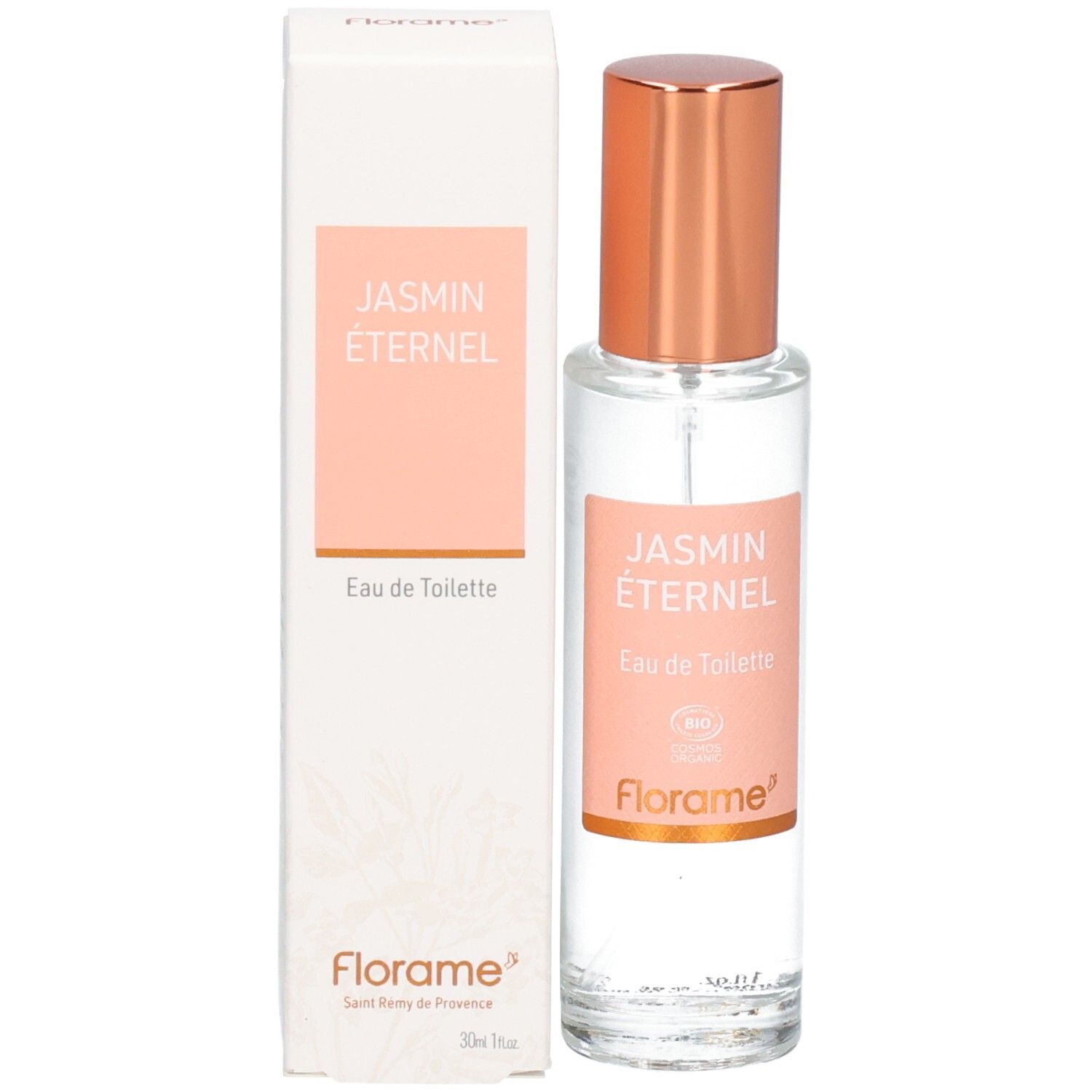 Florame Jasmin Éternel Eau de Toilette und Umverpackung, Glasflasche mit roséfarbenem Zerstäuberaufsatz.