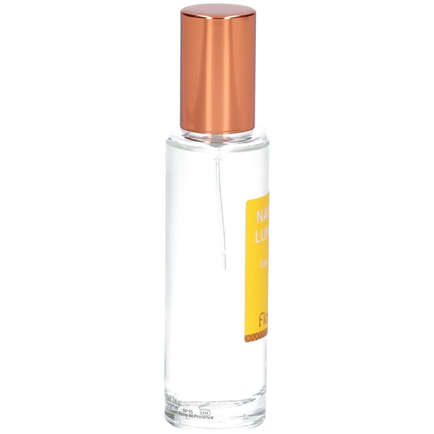 Florame Eau de Toilette Narcisse Lumineux, Seitenansicht der Glasflasche mit goldenem Verschluss.