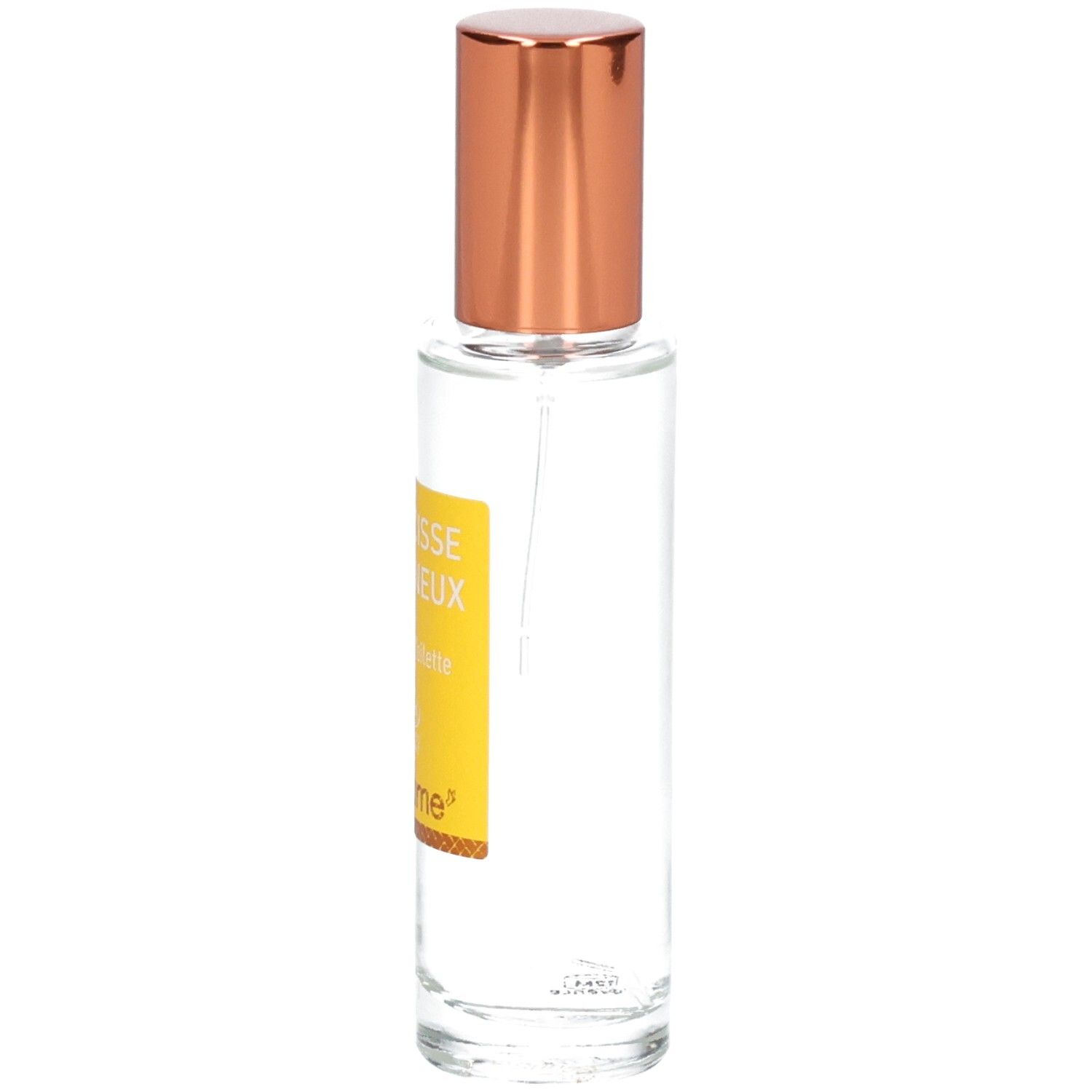 Florame Eau de Toilette Narcisse Lumineux, Glasflasche mit goldenem Verschluss, leicht schräg.
