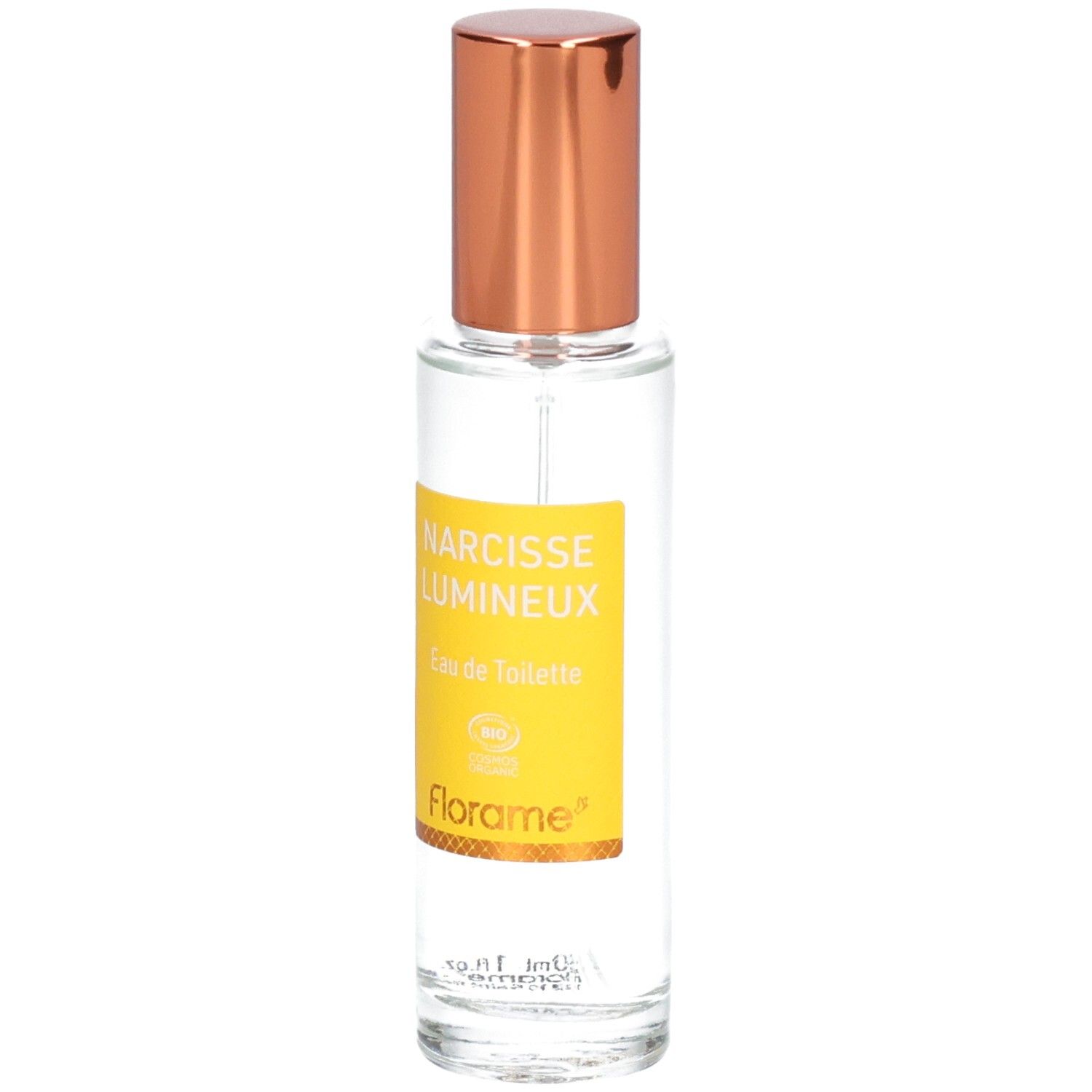 Florame Eau de Toilette Narcisse Lumineux, Glasflasche mit goldenem Verschluss und gelbem Etikett.
