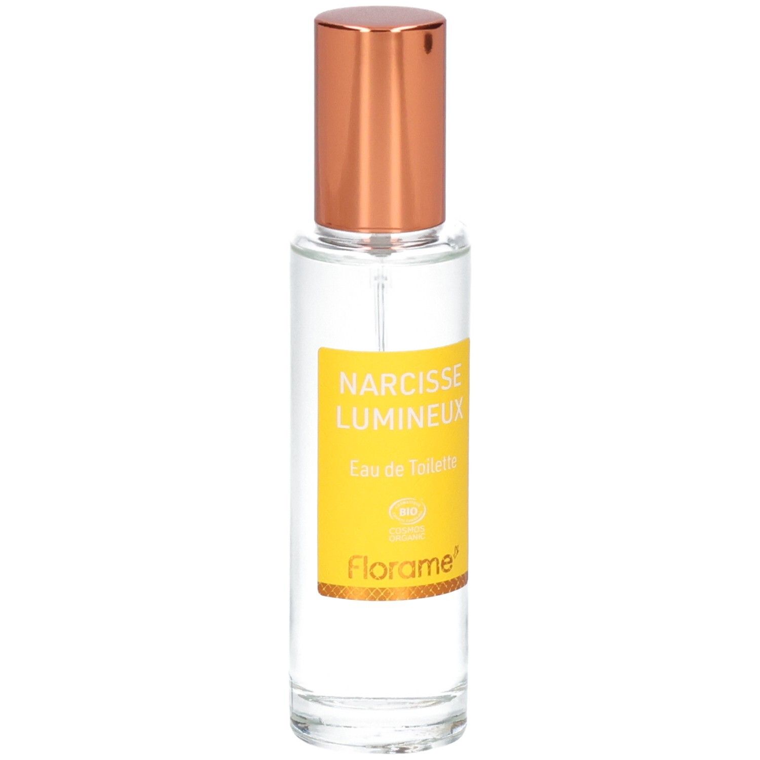 Florame Eau de Toilette Narcisse Lumineux, Glasflasche mit goldenem Verschluss, Vorderansicht.