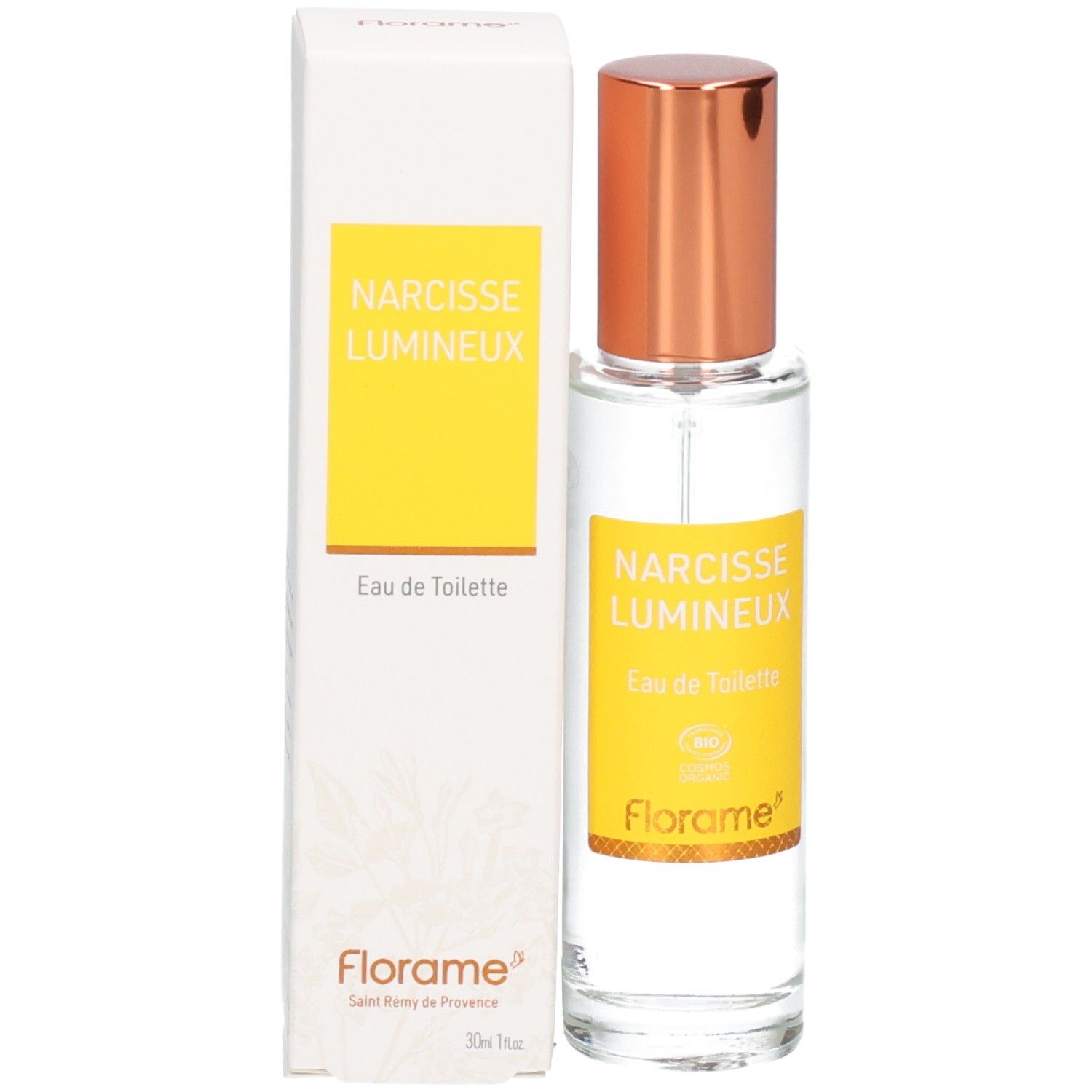 Florame Eau de Toilette Narcisse Lumineux in Glasflasche mit goldenem Verschluss und Verpackung.
