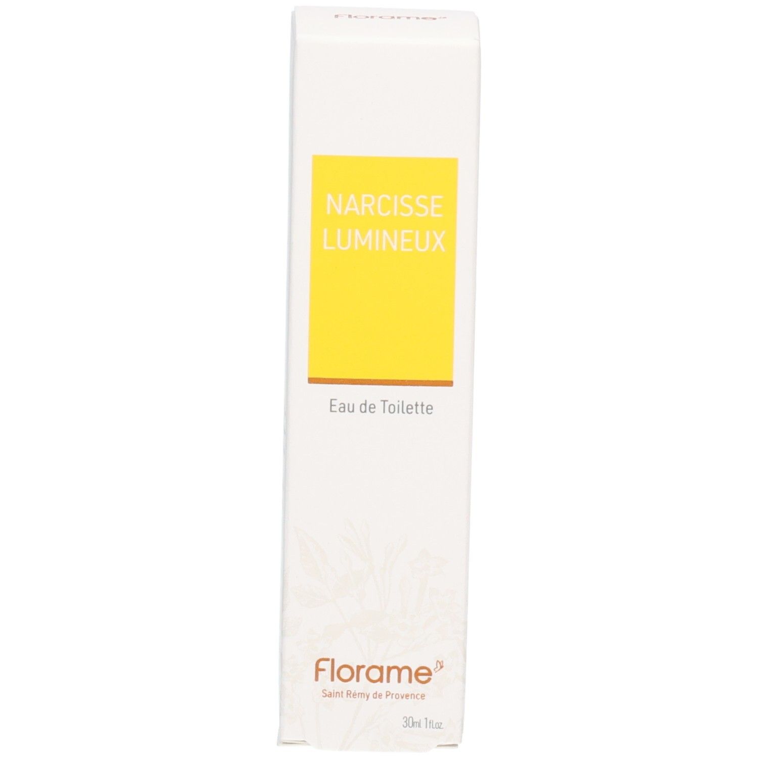 Verpackung von Florame Eau de Toilette Narcisse Lumineux, mit gelbem Etikett und goldenem Schriftzug.