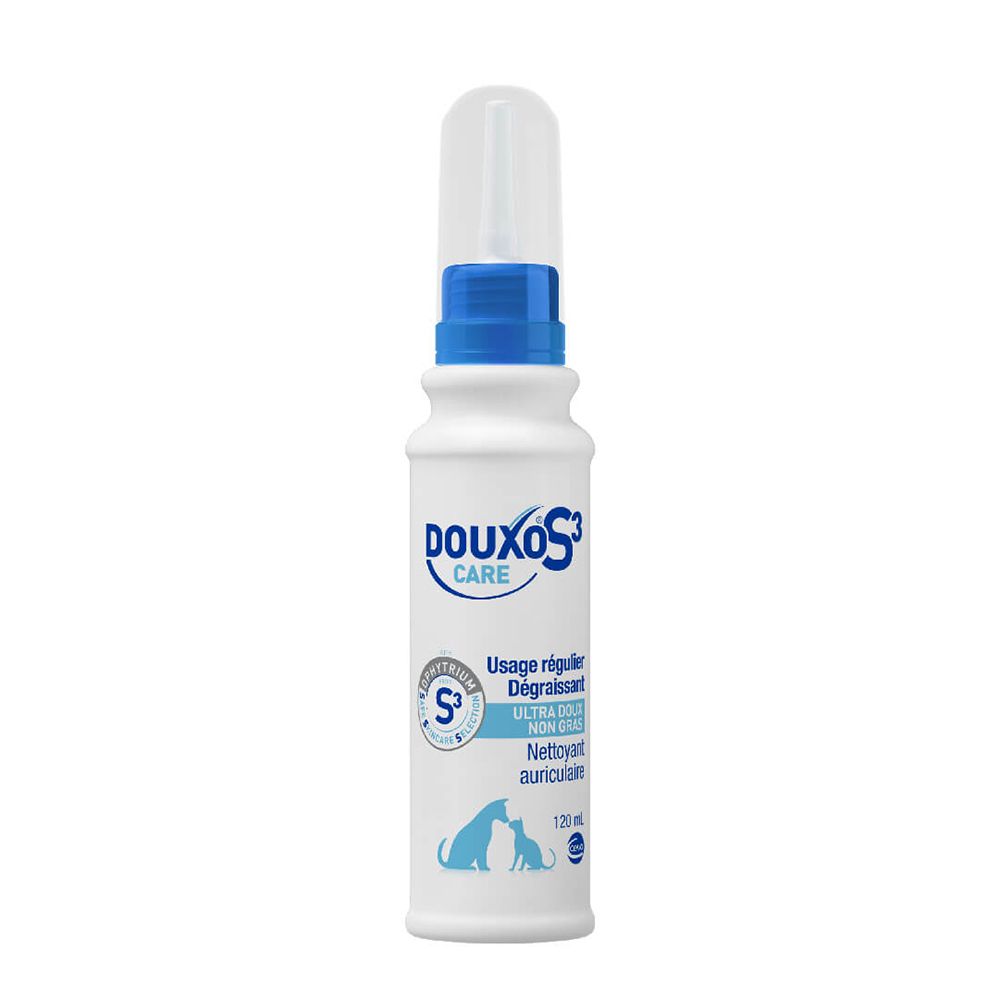 Weiße Flasche mit blauem Verschluss und Applikator. Enthält DOUXO S3 CARE Ohrenreiniger für Hunde und Katzen.