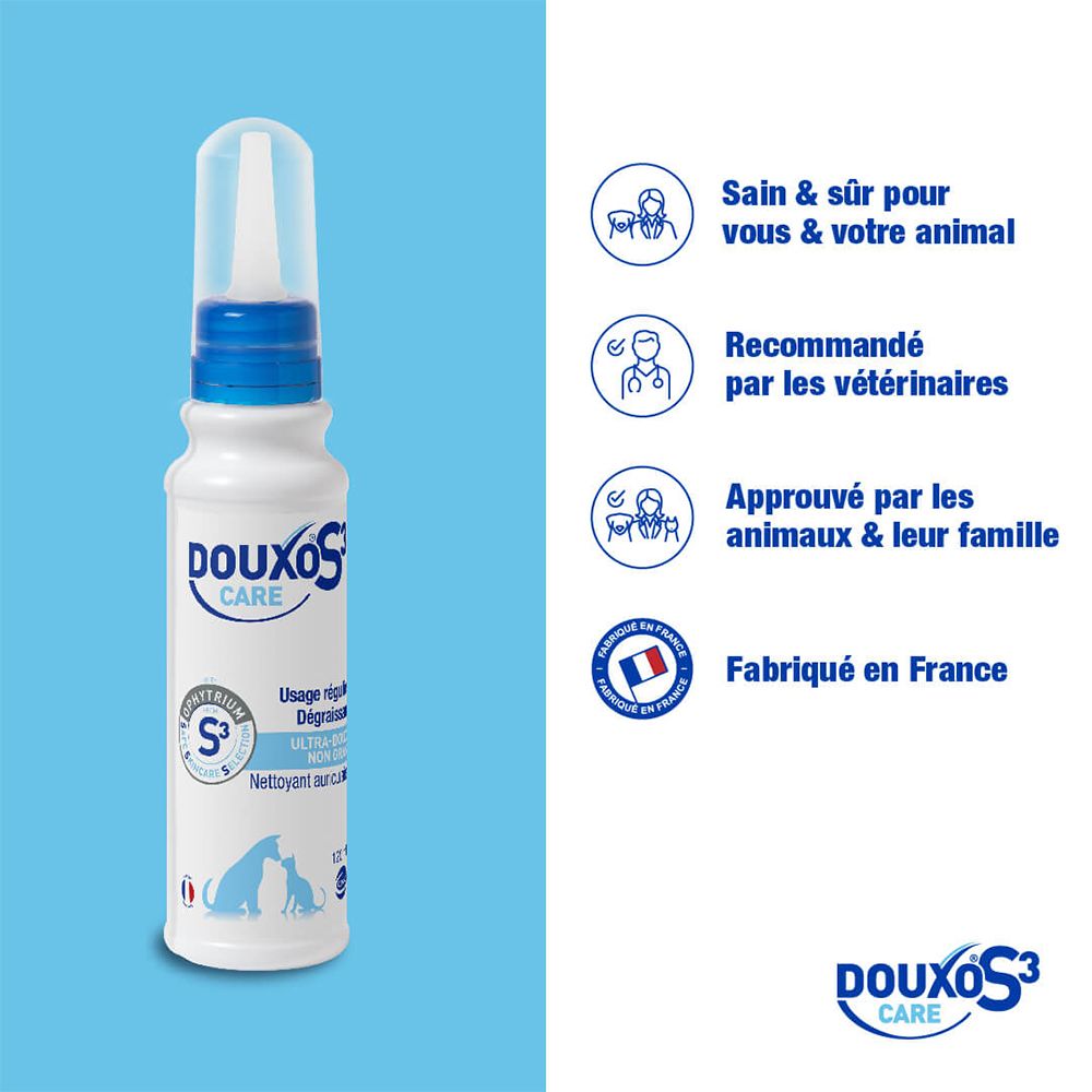 DOUXO S3 CARE Ohrenreiniger Flasche mit Infografiken zu Sicherheit und Herkunft (Frankreich).
