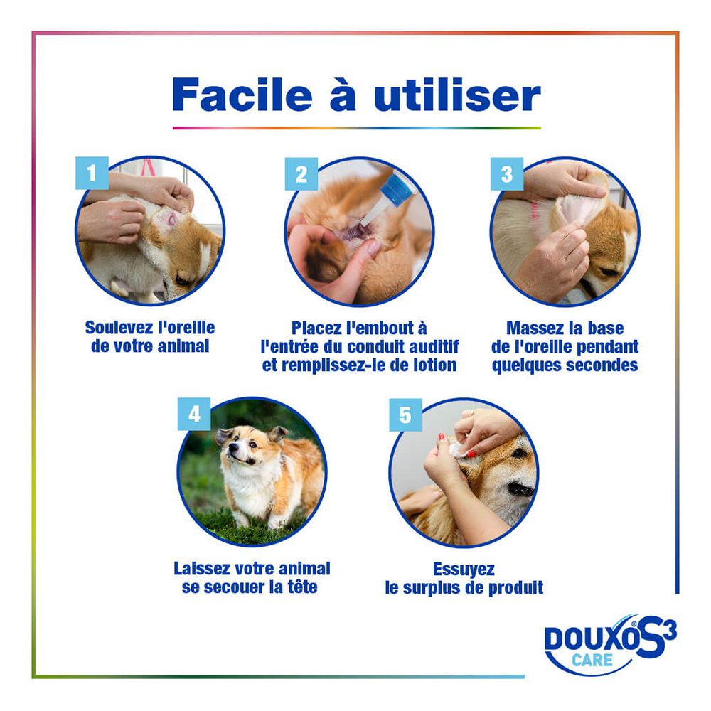 Schritt-für-Schritt-Anleitung zur Anwendung des DOUXO S3 CARE Ohrenreinigers bei Hunden.