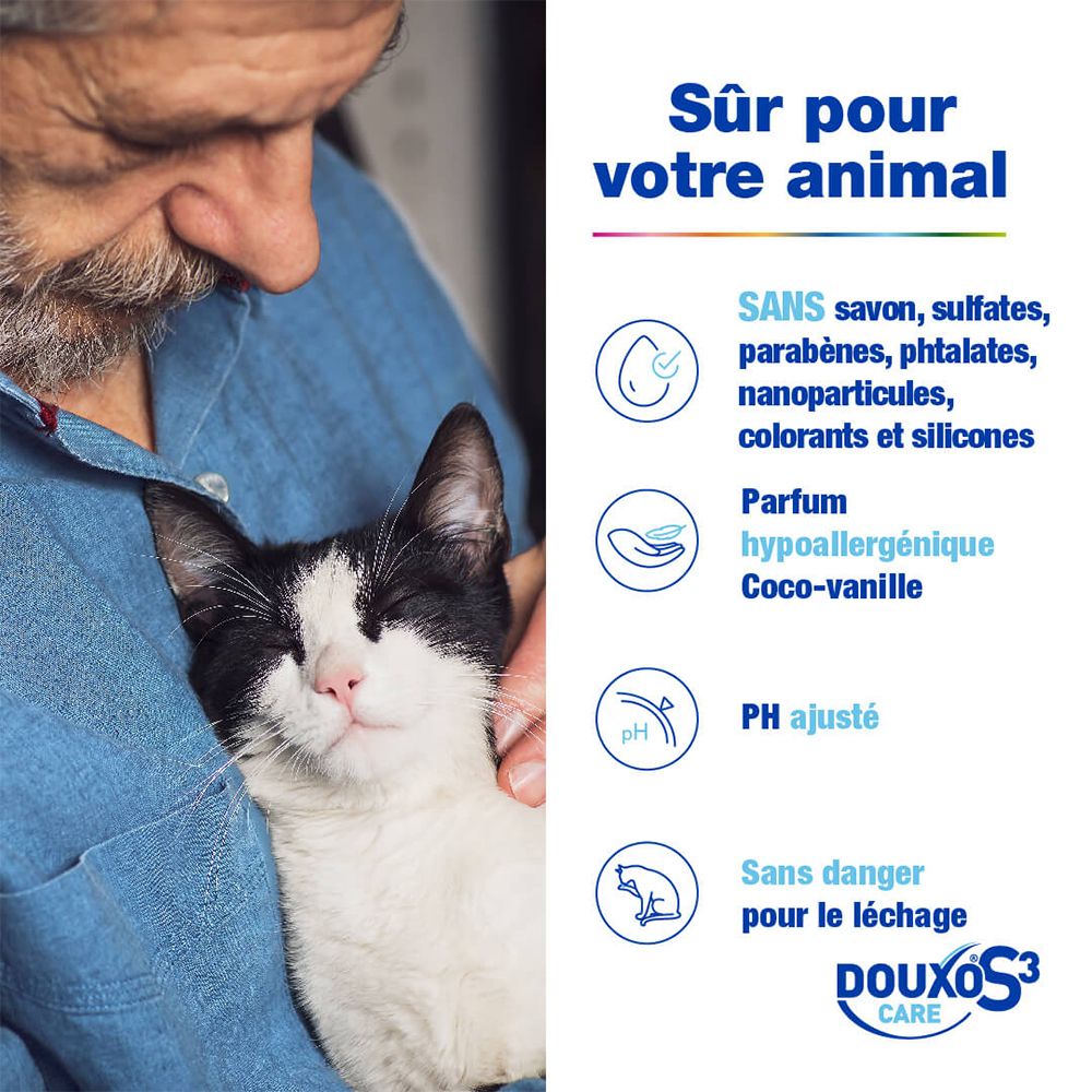 Mann hält Katze, DOUXO S3 CARE: ohne Seife, Sulfate, Parabene. Hypoallergener Duft.