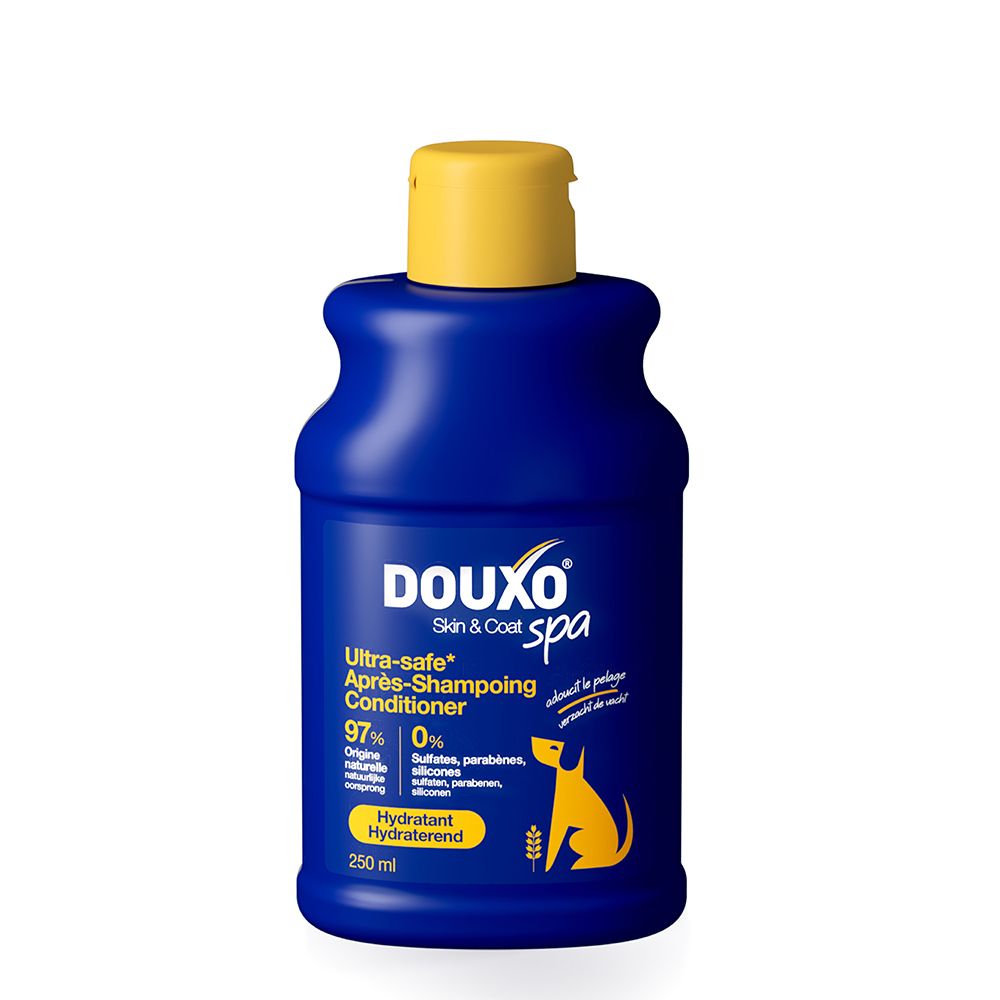 DOUXO SPA Après-Shampoing Conditioner Flasche, 250 ml. Blaue Flasche mit gelbem Verschluss.