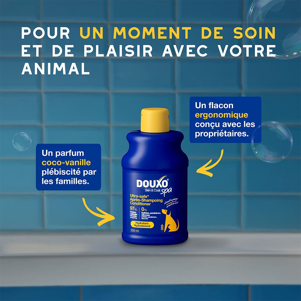 DOUXO SPA Conditioner Flasche neben einem Hund. Text: Pour un moment de soin et de plaisir avec votre animal.