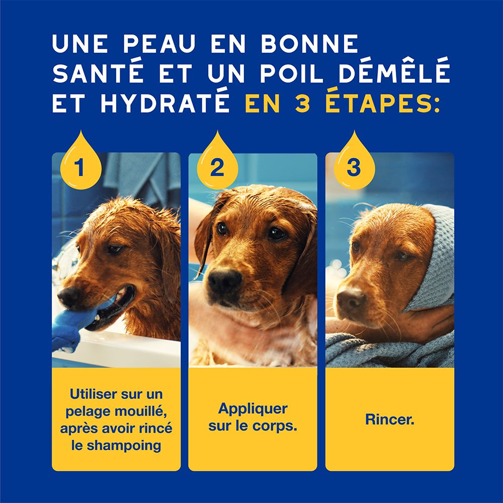 Drei Schritte zur Fellpflege eines Hundes: Einweichen, Auftragen, Ausspülen. Text: Une peau en bonne santé et un poil démêlé et hydraté en 3 étapes.