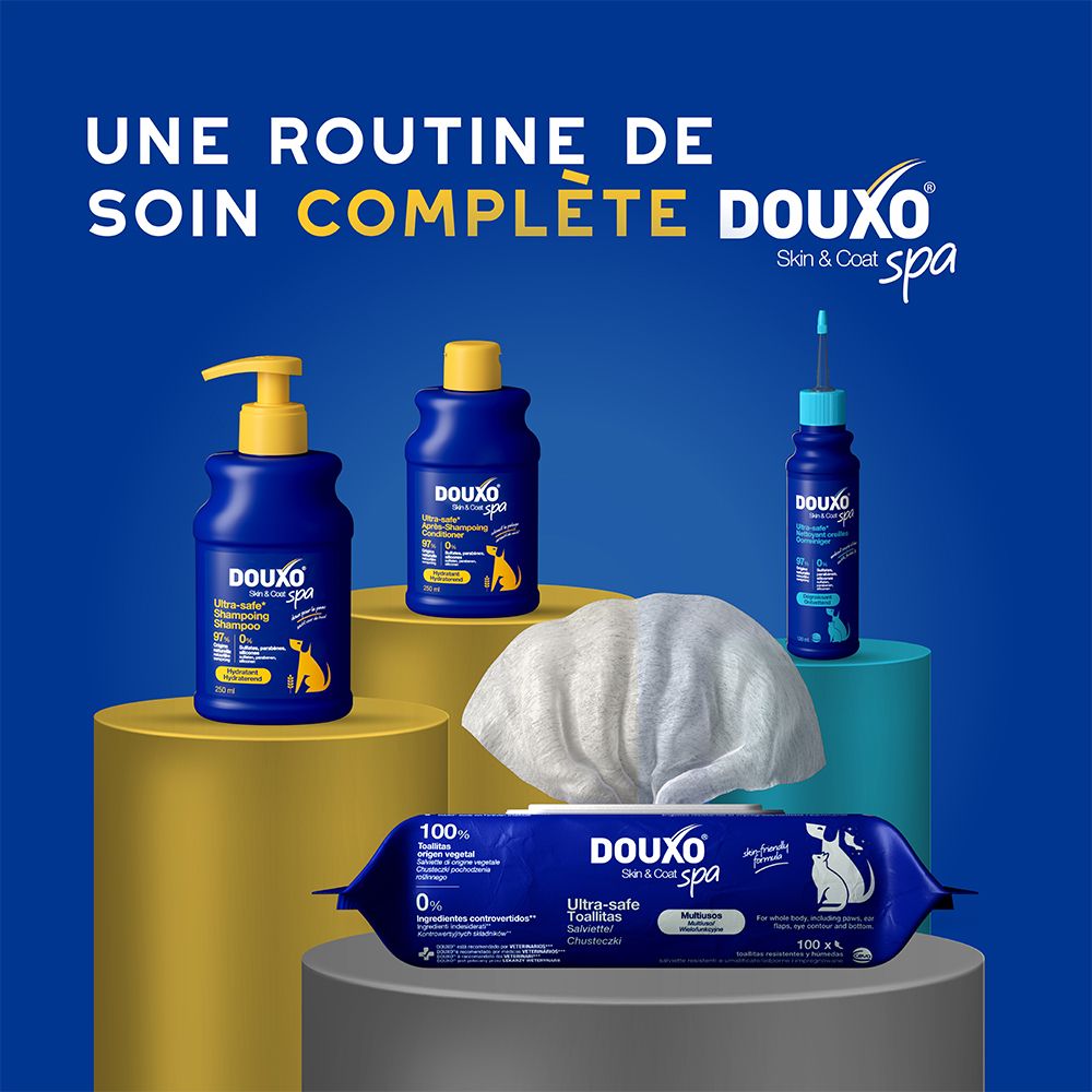 Reihe von DOUXO SPA Produkten: Shampoo, Conditioner, Pipette und Feuchttücher.
