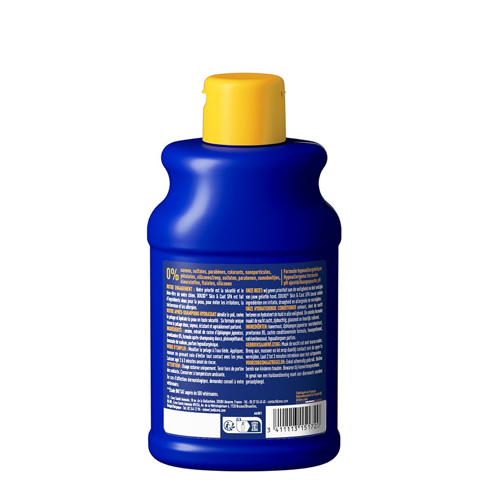 Rückseite einer DOUXO SPA Conditioner Flasche mit Inhaltsstoffen und Anwendungshinweisen.