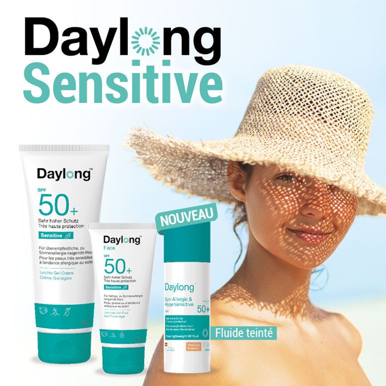 DAYLONG Sonnenschutzprodukte für empfindliche Haut, mit Sonnenhut.