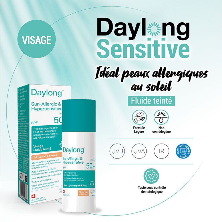 DAYLONG getöntes Gesichtssonnenschutz-Fluid SPF 50+ und Verpackung.