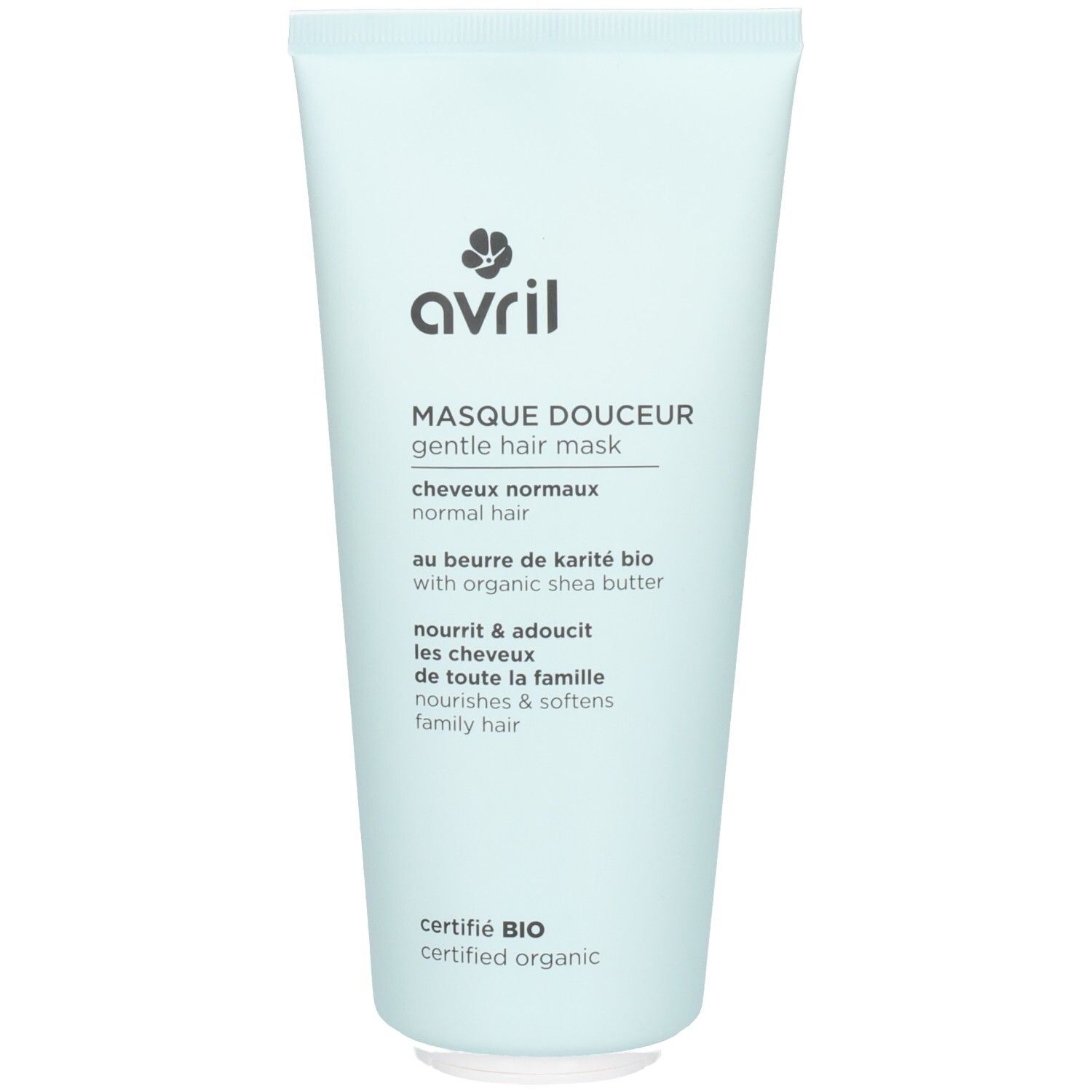 Hellblaue Tube mit Avril Masque Douceur Gentle Hair Mask Aufschrift und Bio-Siegel.