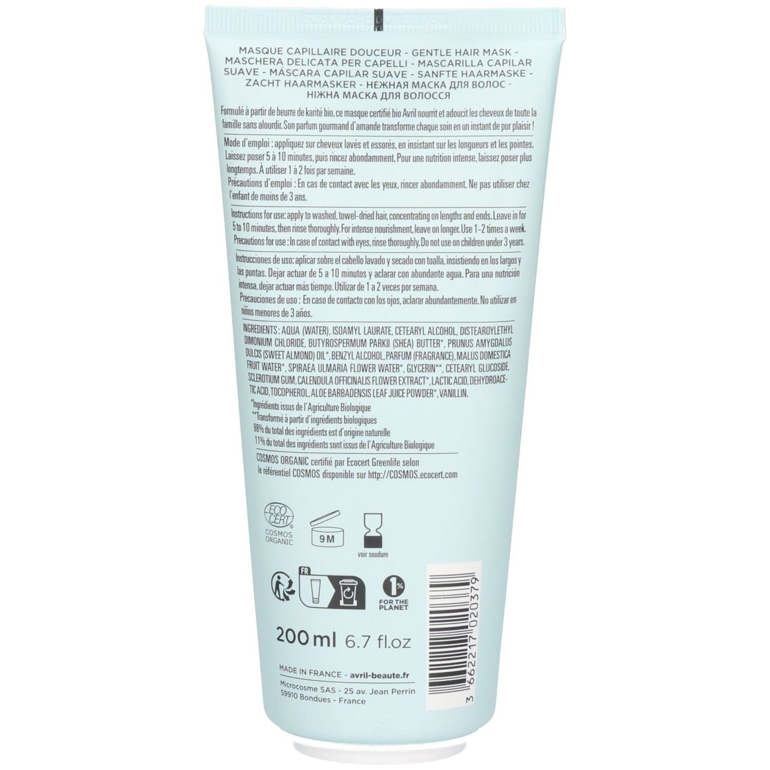 Rückseite einer hellblauen Tube mit Avril Masque Douceur Gentle Hair Mask, Inhaltsstoffen und Anwendungshinweisen.