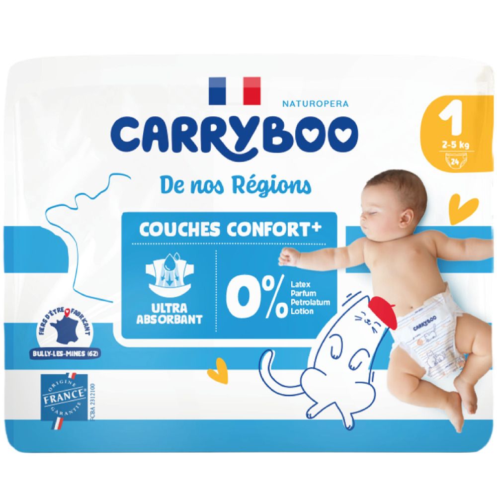 Carryboo Babywindeln Größe 1 (2-5 kg) mit "Ultra absorbant" Aufdruck und "0% Latex, Parfüm, Petrolatum, Lotion" Kennzeichnung.