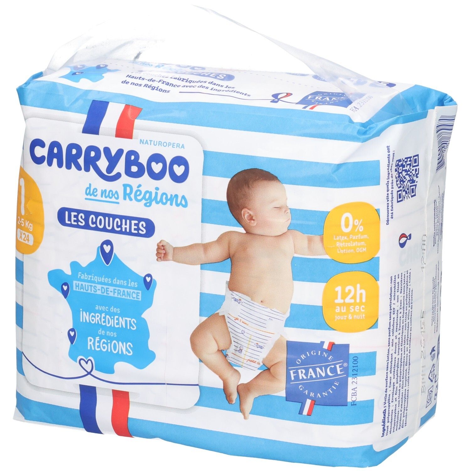 Packung Babywindeln der Marke Carryboo, Größe 1, mit blau-weißen Streifen und einem Babybild. Hergestellt in Frankreich.