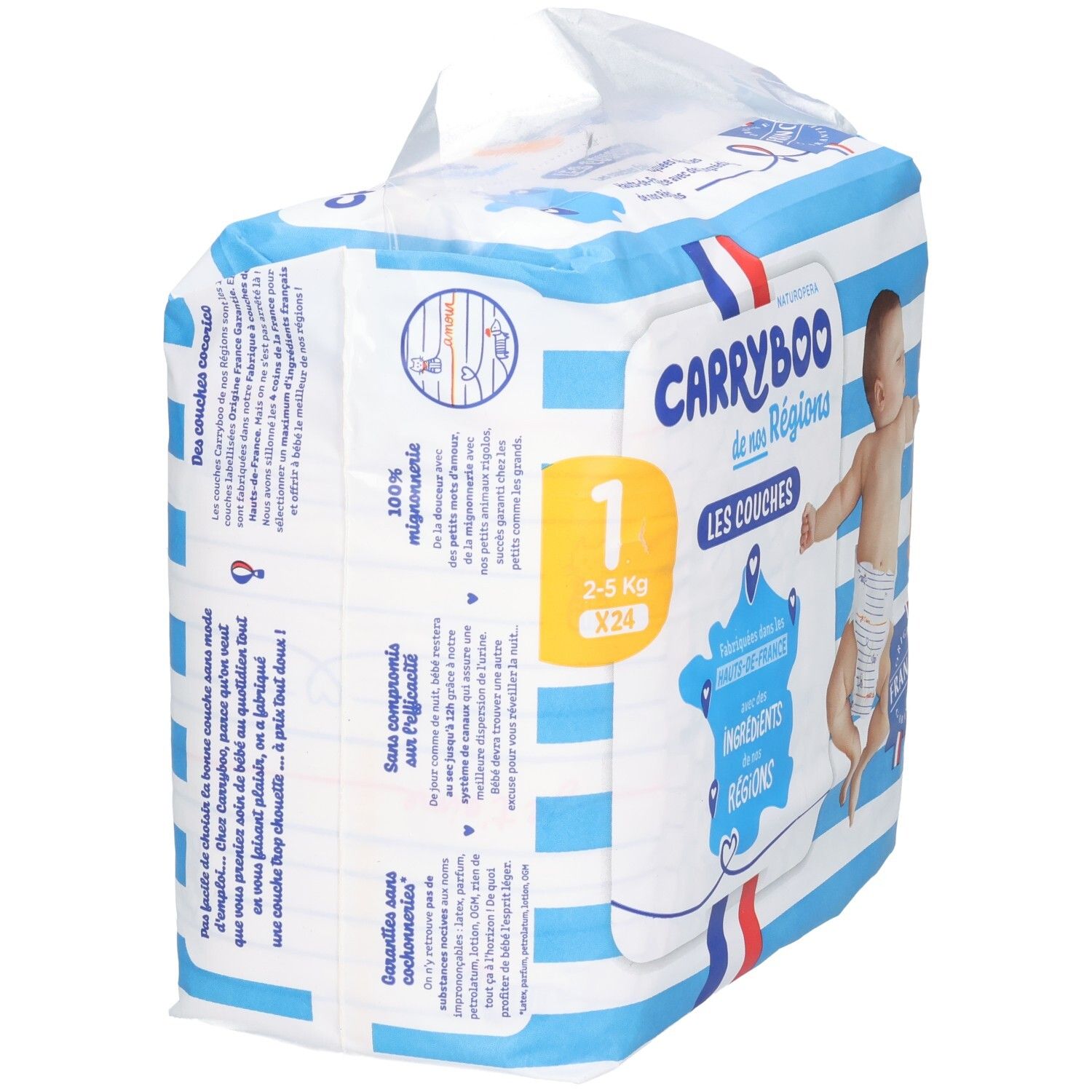 Carryboo Windelpaket Größe 1 (2-5 kg, 24 Stück) mit blauen und weißen Streifen.
