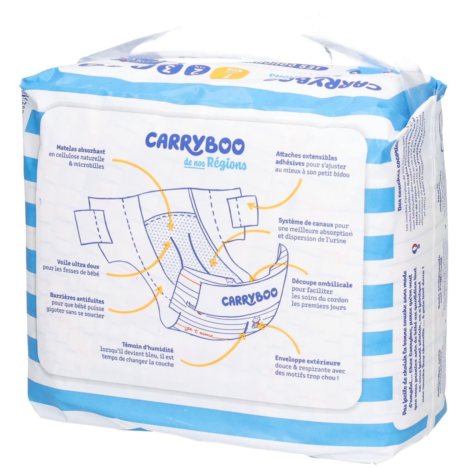 Packung Windeln mit schematischer Darstellung der Windelfunktionen und Markierung "CARRYBOO".