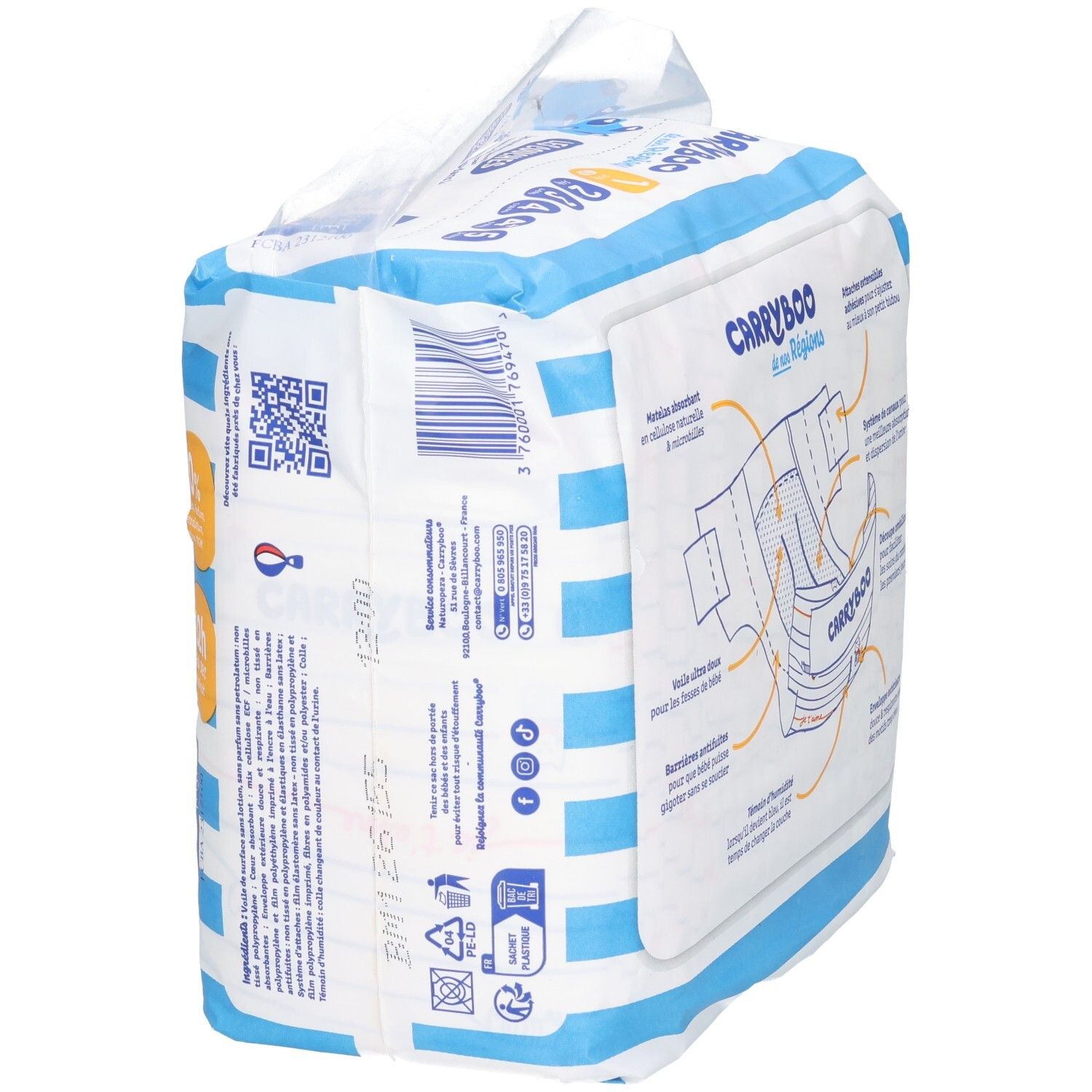 Verpackung von CARRY&GO Windeln mit blauen Streifen. Zeigt eine schematische Darstellung der Windel.