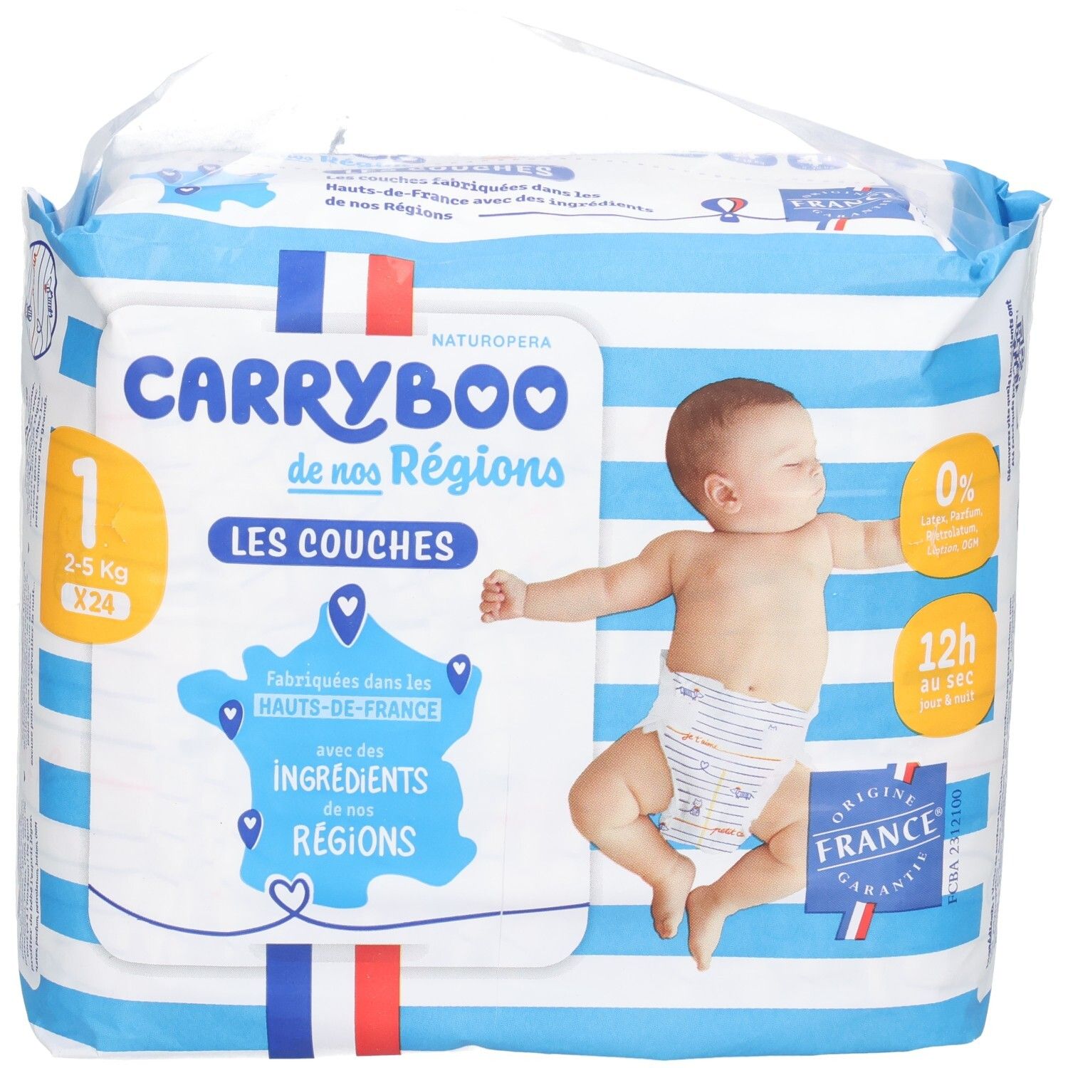Packung Windeln Größe 1 (2-5 kg) mit 24 Stück. Blauer und weißer Streifen-Aufdruck.