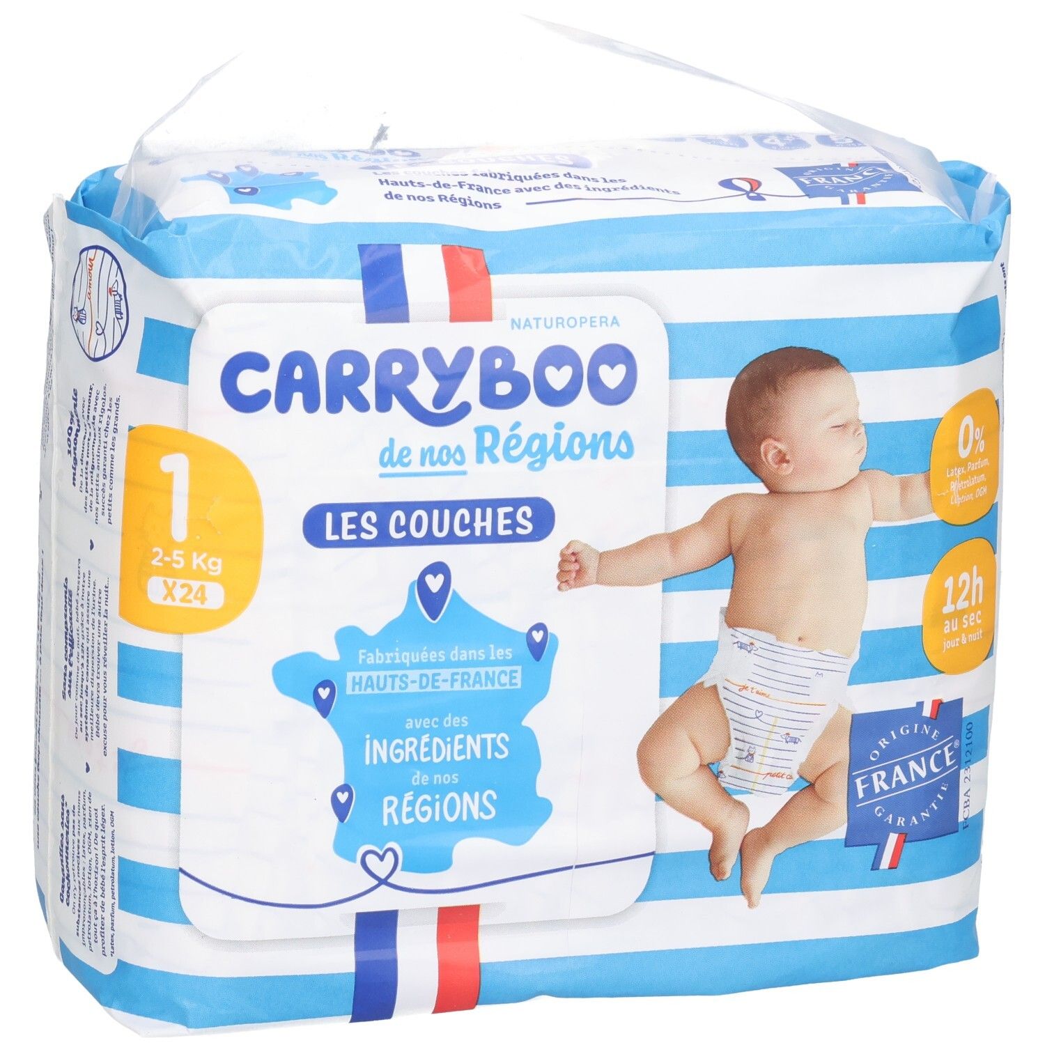 Carryboo Windelpaket Größe 1 (2-5 kg, 24 Stück) mit Babyabbildung und Frankreich-Karte.