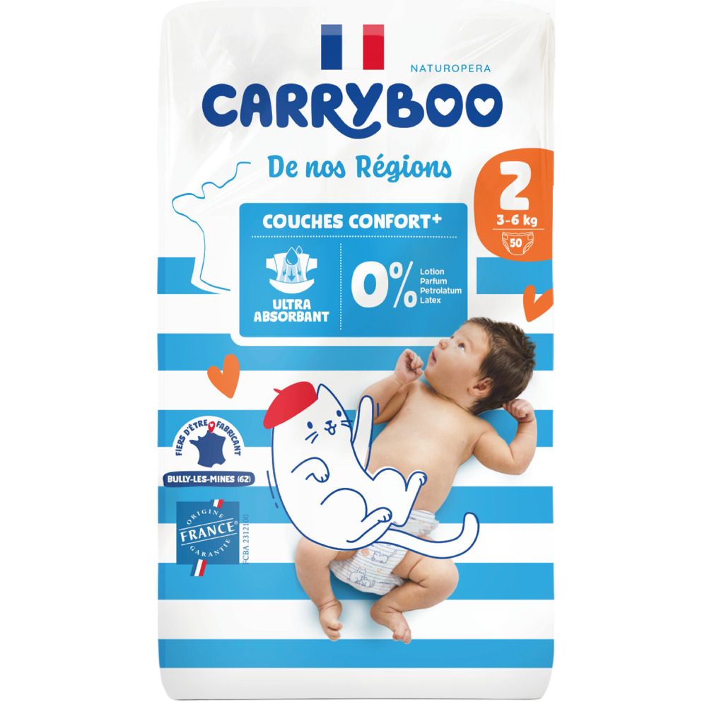 Carryboo Windelpackung Größe 2 (3-6 kg) mit ultra-saugfähiger Komfort+ Technologie, 0% Lotion, Parfüm, Latex.