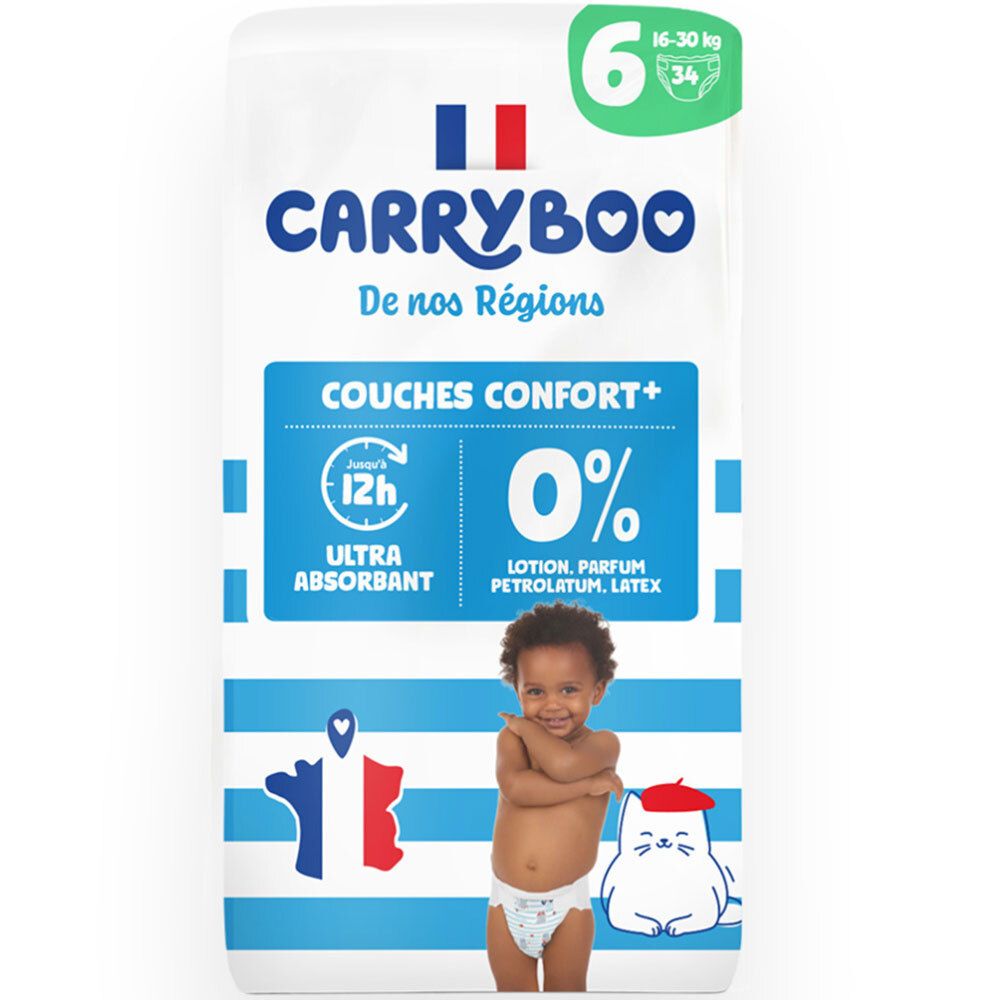Carryboo Windeln Größe 6, 16-30 kg. Ultra absorbierend, 0% Parfüm, Lotion, Latex. Hergestellt in Frankreich.