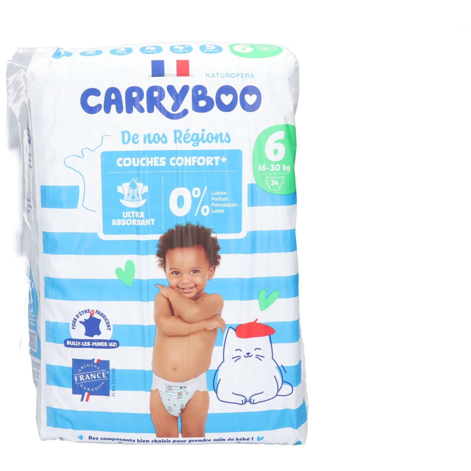 Carryboo Windeln Größe 6, 16-30 kg. Ultra absorbierend, 0% Parfüm, Lotion, Latex. Hergestellt in Frankreich.