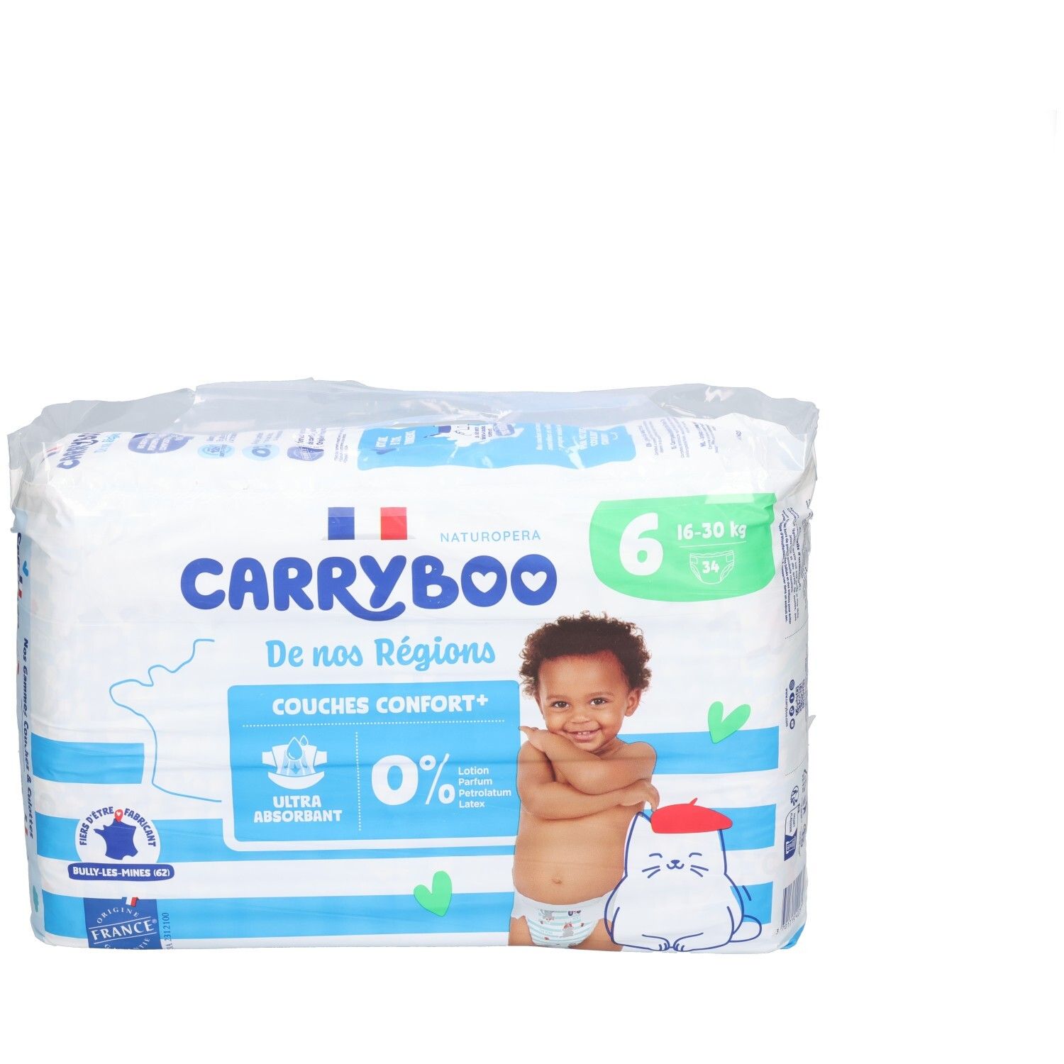 Carryboo Windeln Größe 6, 16-30 kg. Ultra absorbierend, 0% Parfüm, Lotion, Latex. Hergestellt in Frankreich.