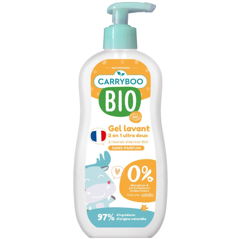 Carryboo Bio Gel Lavant: 2-in-1 ultra-milder Waschgel, parfümfrei, 97% natürliche Inhaltsstoffe.