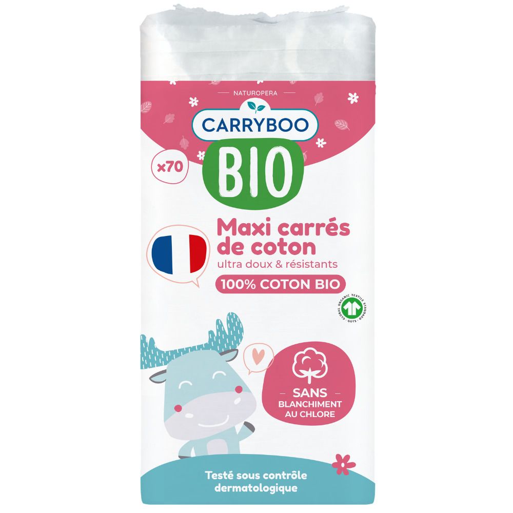 Carrés de coton Carryboo Bio Maxi, 70 pièces, 100% coton bio, blanchis sans chlore.